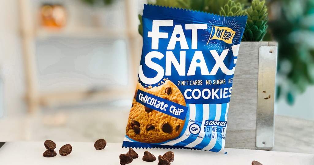 bag of fat snax cookies on counter with chocolate chips