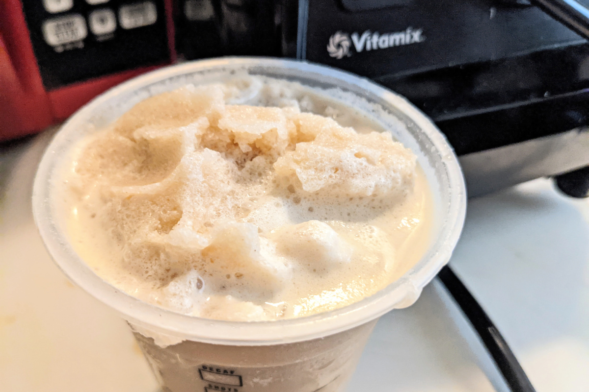 blended Starbucks frappuccino in cup on counter