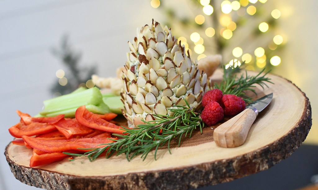 keto pine cone cheese ball on a platter
