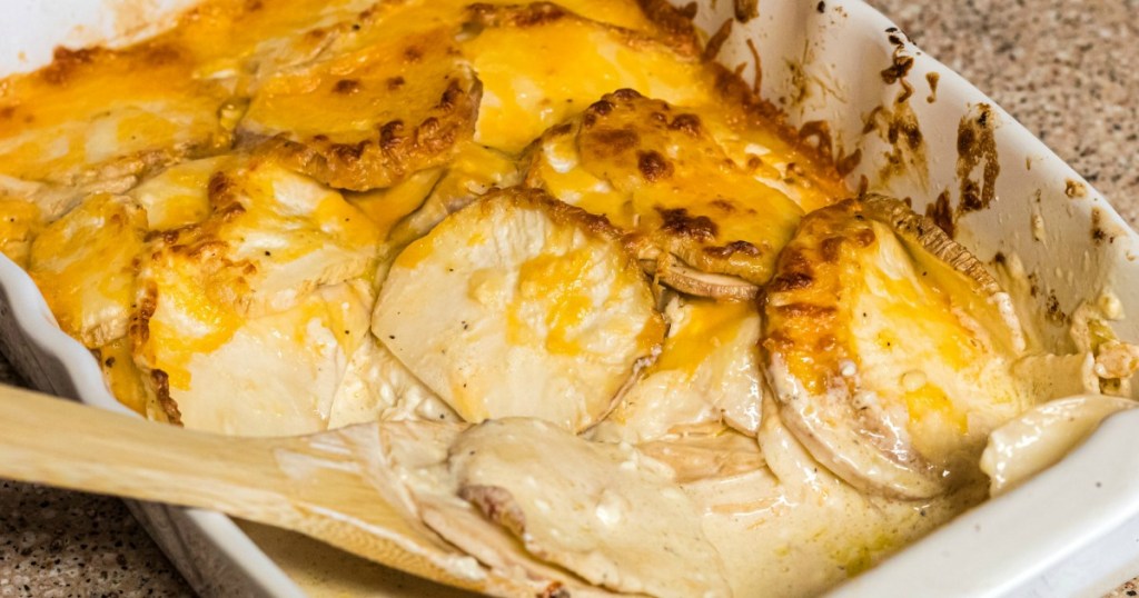 keto scalloped potatoes in casserole dish 