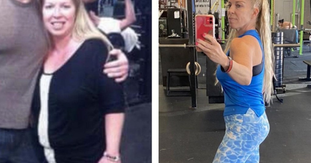 woman showing before and after pics of keto success story