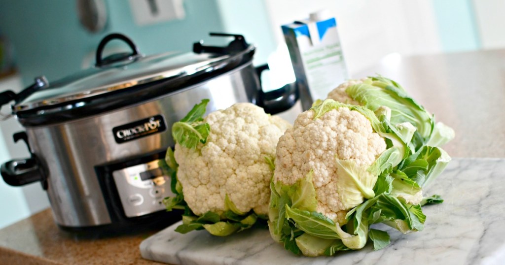 crock-pot and cauliflower heads