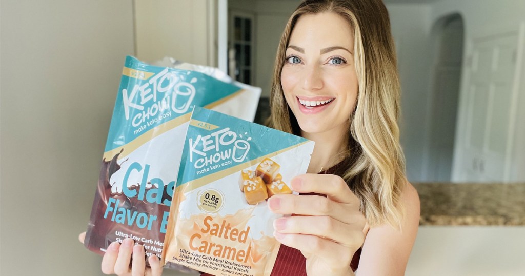 woman holding bag of keto chow