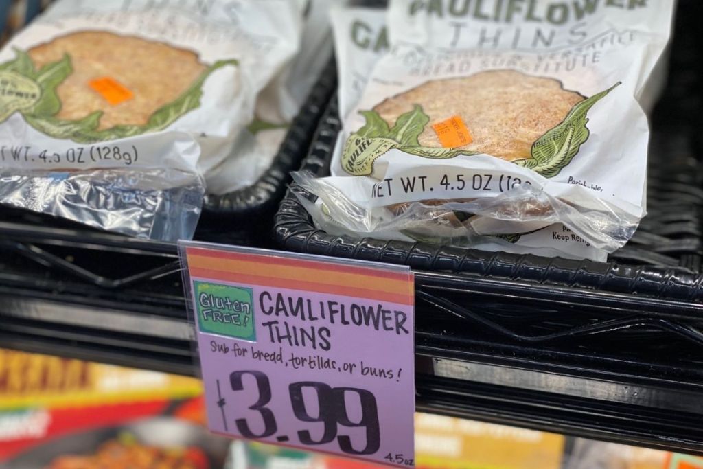 Cauliflower thins on the shelf at Trader Joe's