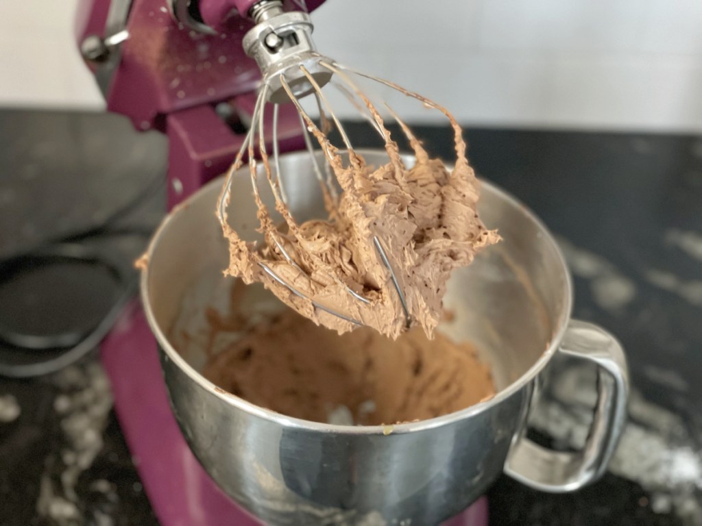 keto buttercream frosting in a stand mixer chocolate