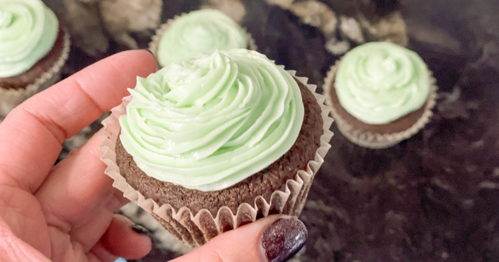 mint keto buttercream frosting on a cupcake