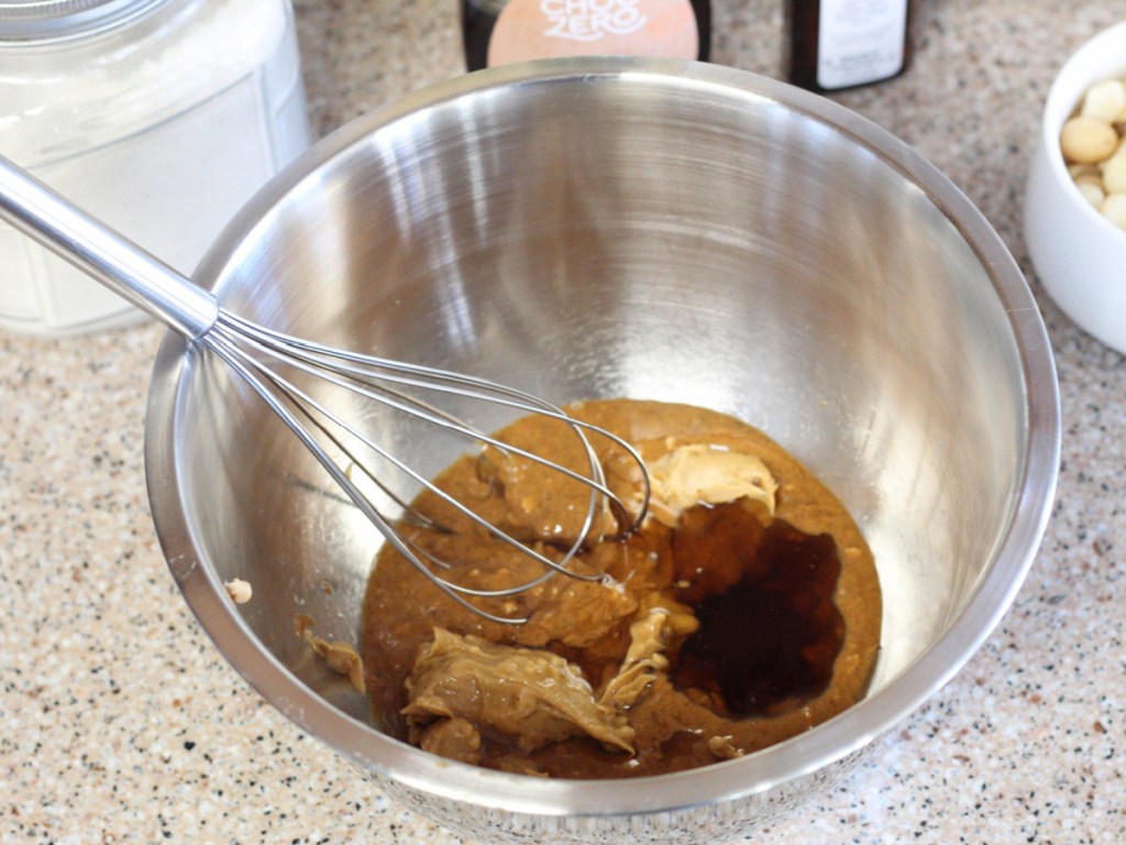 mixing bowl with peanut butter and syrup
