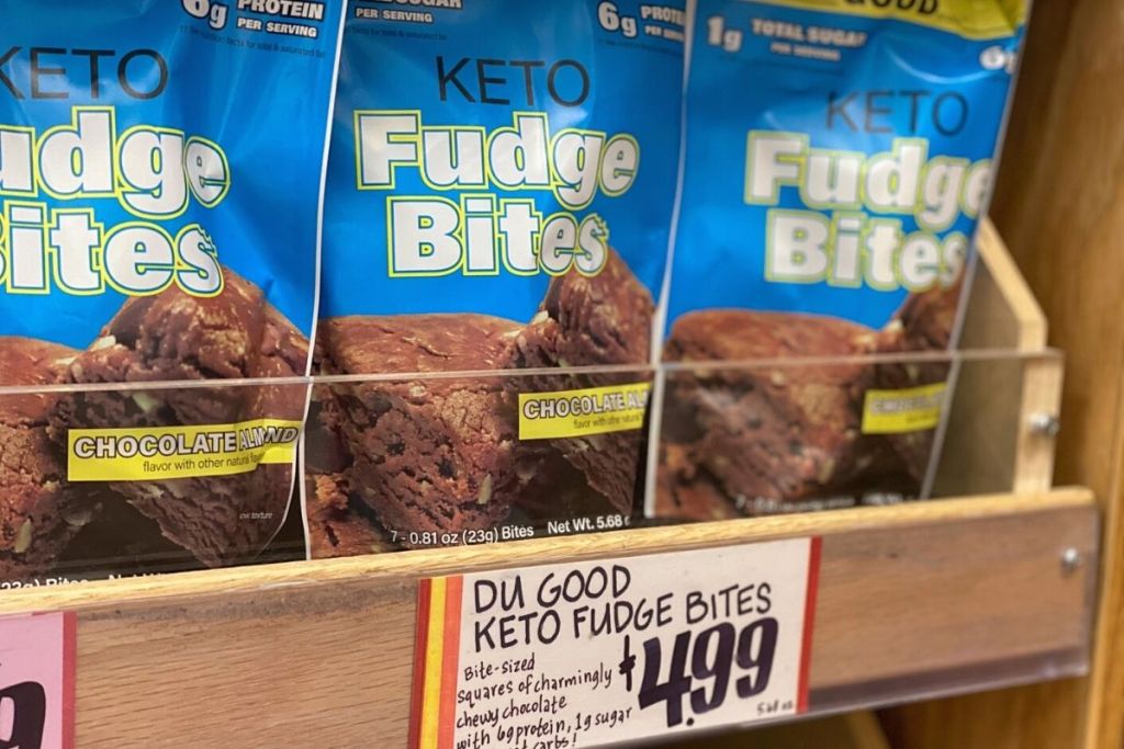 Du Good keto fudge bites on a shelf at Trader Joes