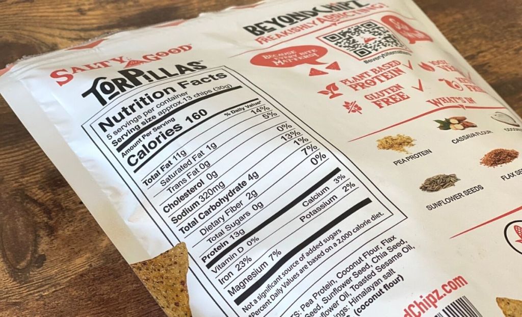 Nutrition information on a bag of keto chips