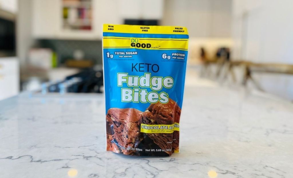 A bag of keto fudge bites on a kitchen counter