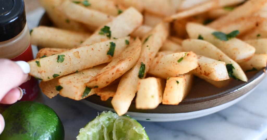 chile lime jicama sticks on a plate 