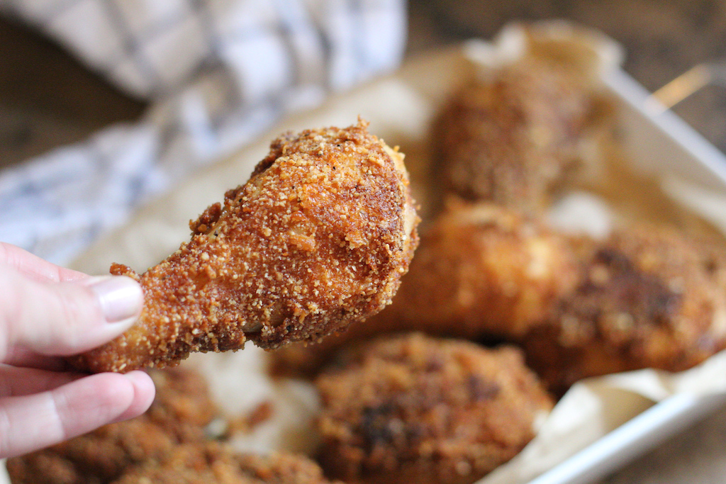 holding keto crispy fried chicken