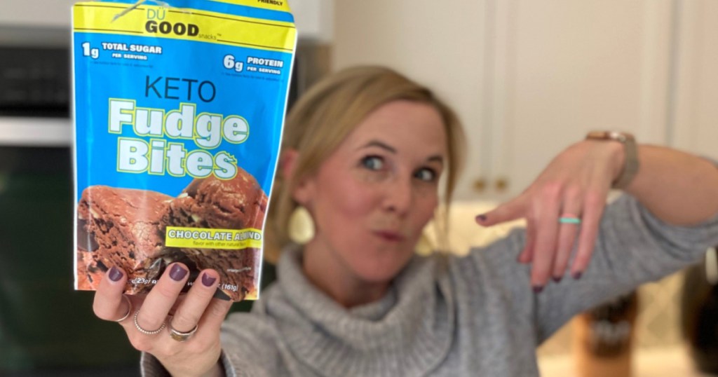 woman holding keto fudge bites