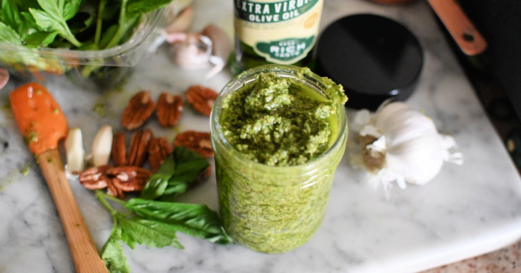 jar with homemade pesto