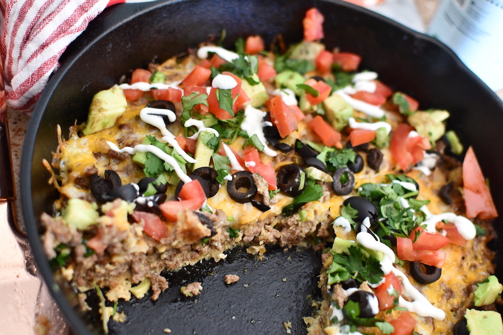 Keto taco pie in cast iron skillet 