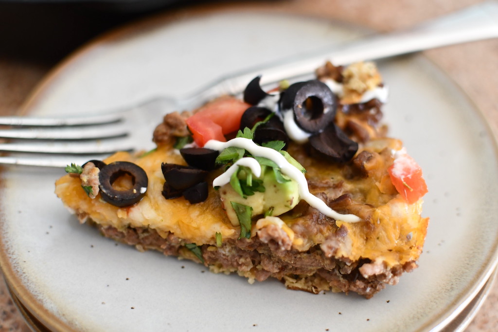 keto taco pie slice on plate 