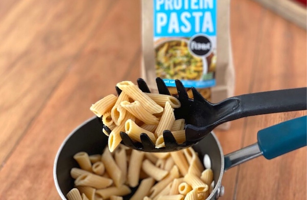 penne protein pasta on serving spoon 