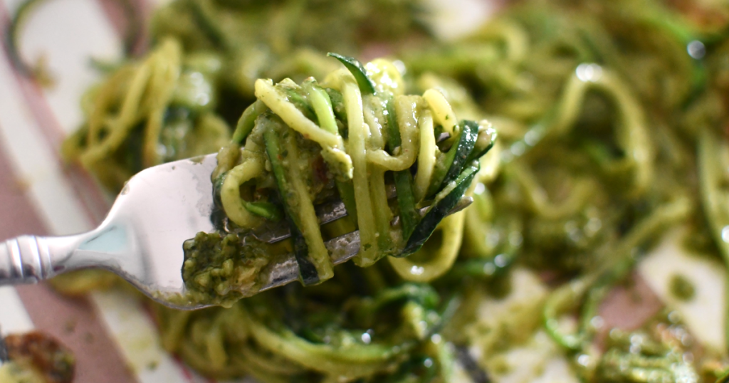 pesto with zoodles on fork 