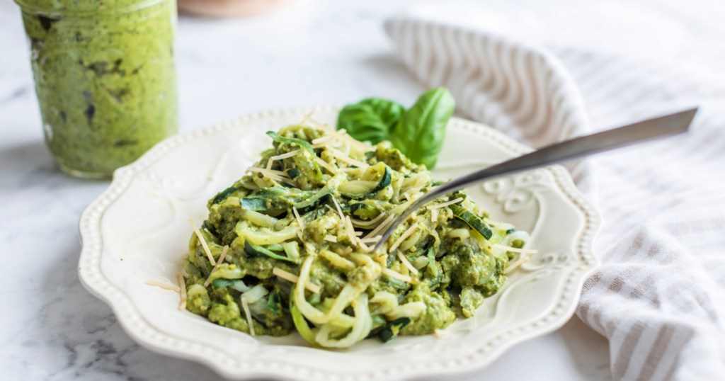 pesto zucchini noodles on a plate