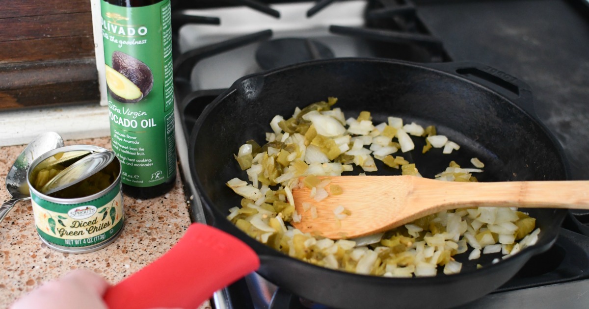 skillet with diced green chilies and onion