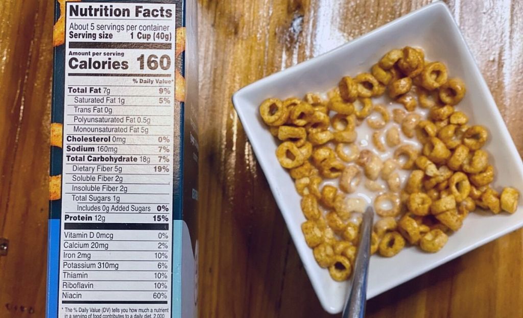 Nutrition information on a cereal box next to a bowl of cereal