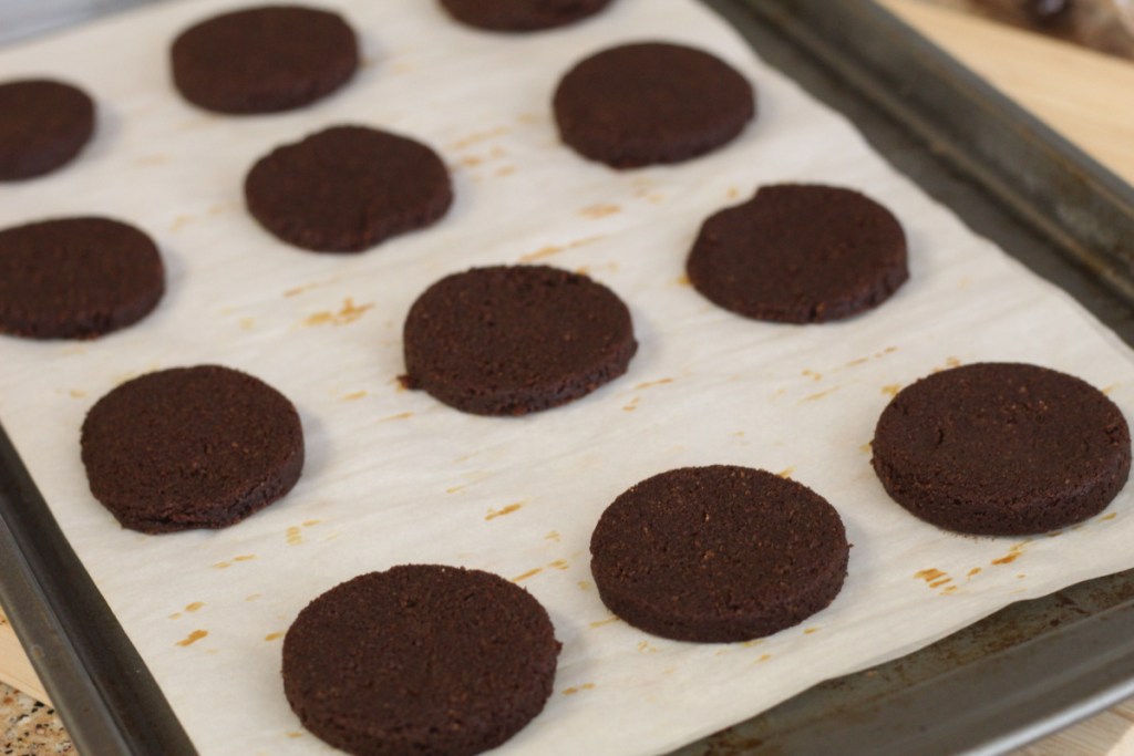 keto Oreo cookies on a baking sheet