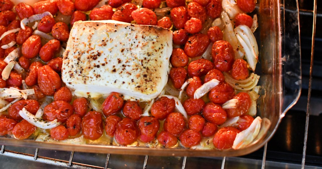 baked feta in the oven with cherry tomatoes