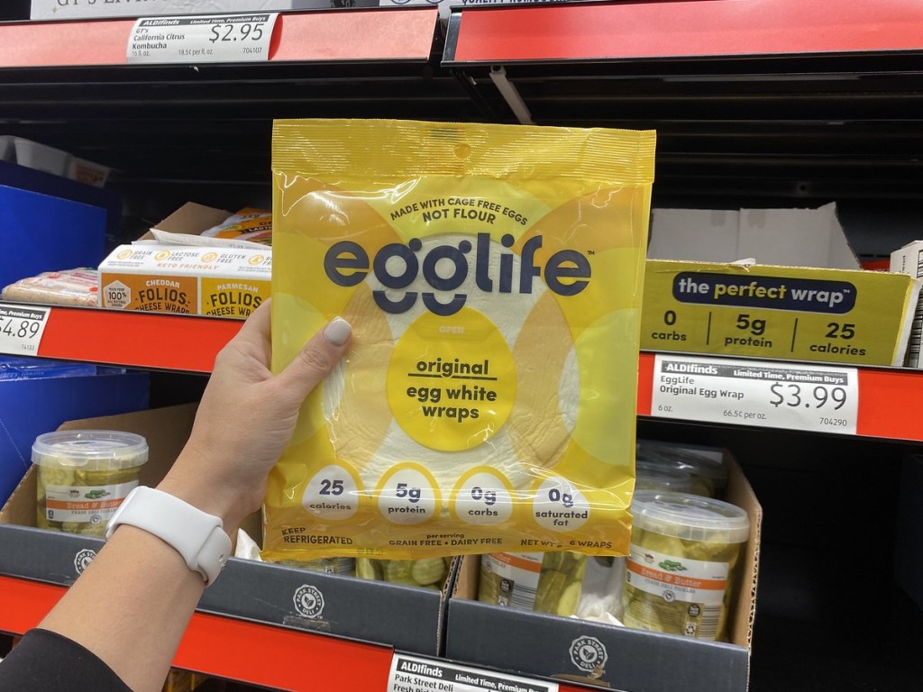 holding egg white wraps at ALDI