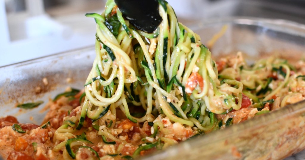 feta zoodles in casserole dish 