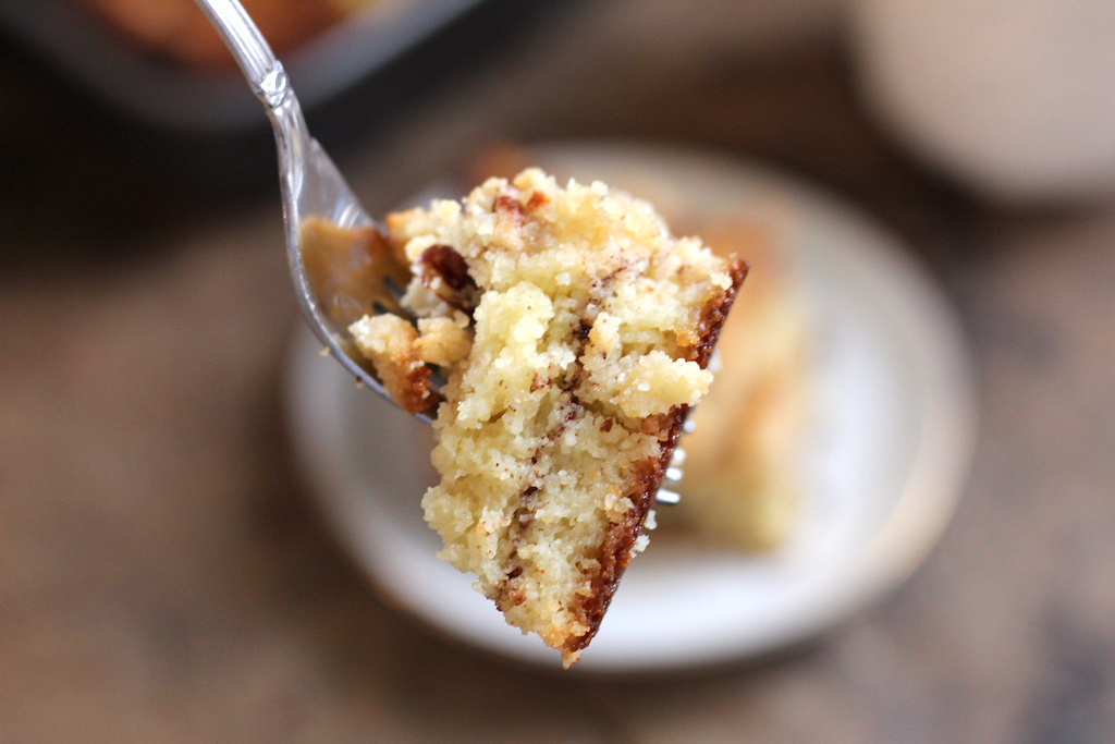 keto coffee cake on fork 