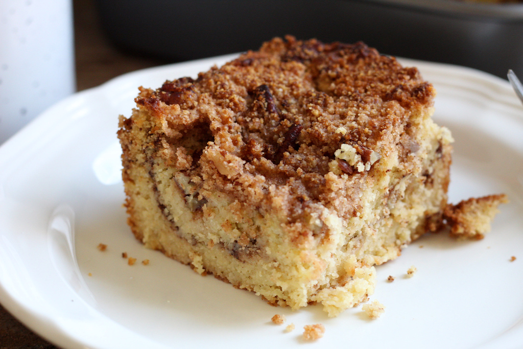 keto coffee cake slice up close on plate 