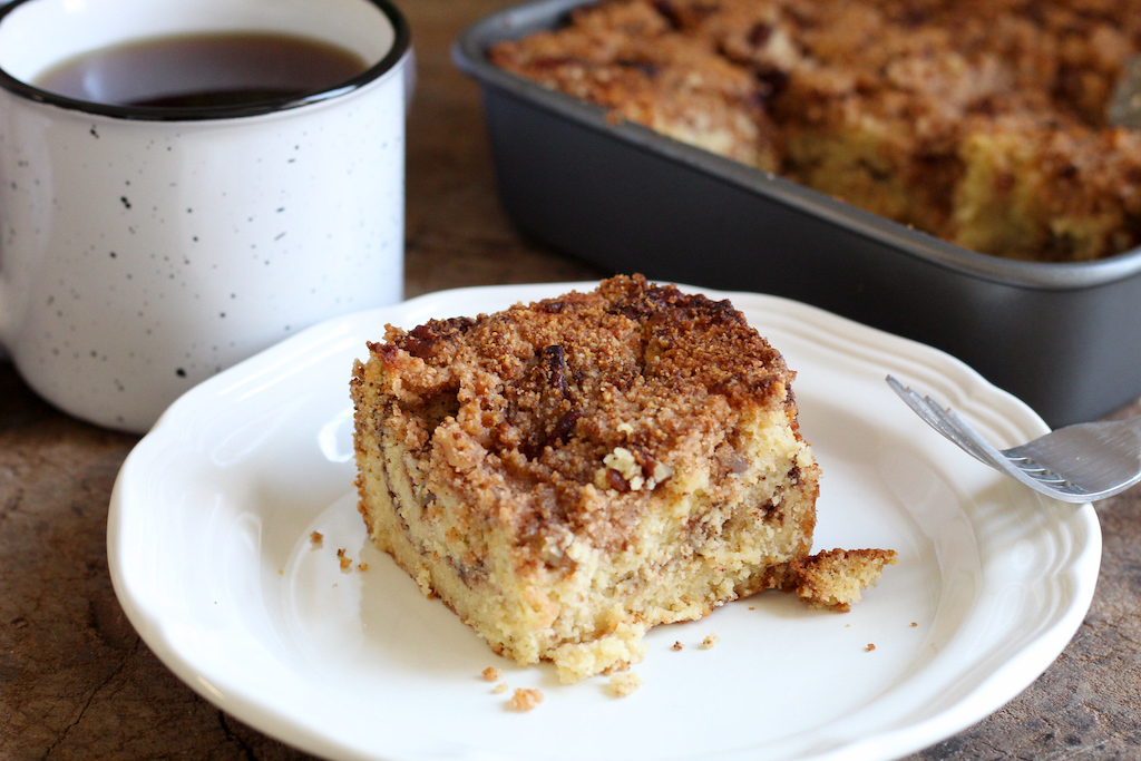 keto coffee cake on plate with coffee 