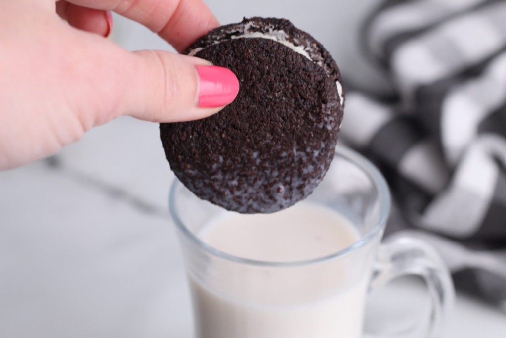 keto oreo cookie dipped in almond milk