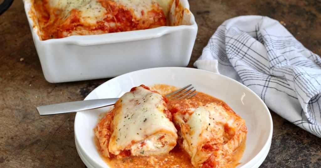 serving plate of keto lasagna stuffed chicken 