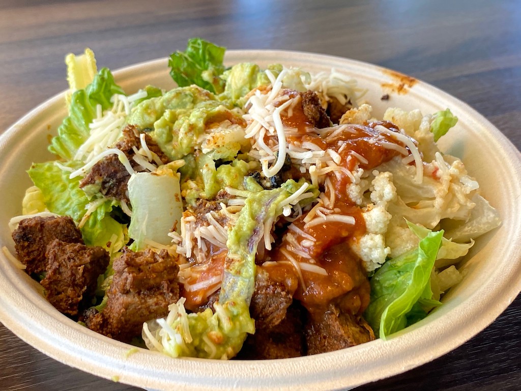 Qdoba salad with meat and cauliflower mash