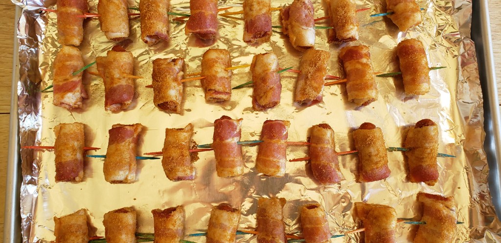 bacon wrapped lil Smokies out of the oven