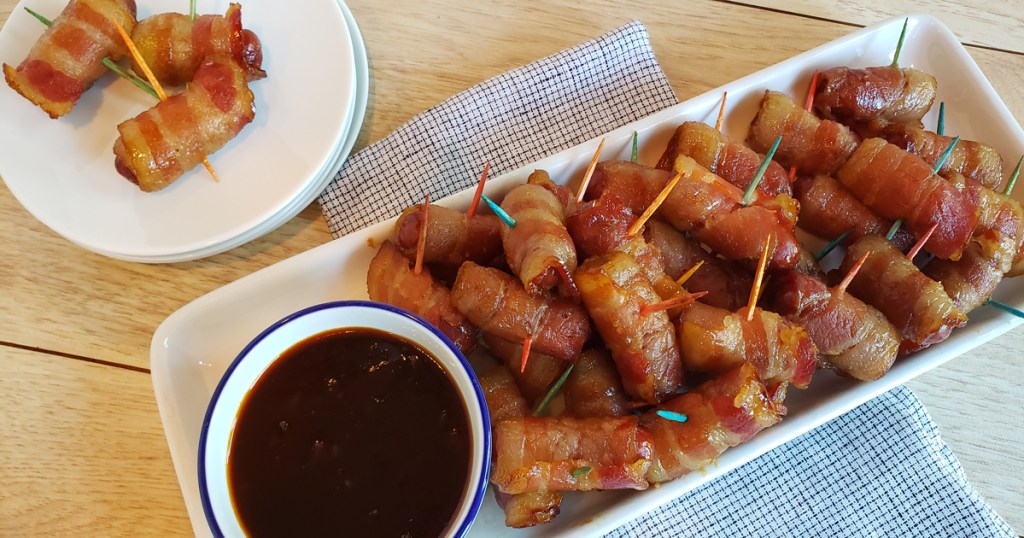 Bacon wrapped little smokies with tangy BBQ sauce