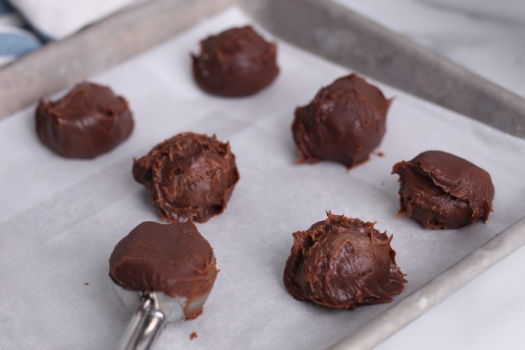 keto chocolate truffles on a baking sheet
