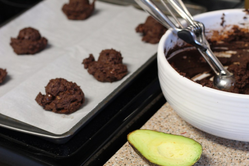 keto avocado chocolate cookies on baking sheet