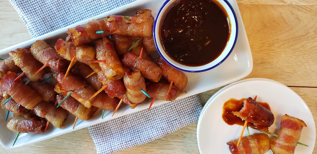 keto bacon-wrapped little smokies on platter 