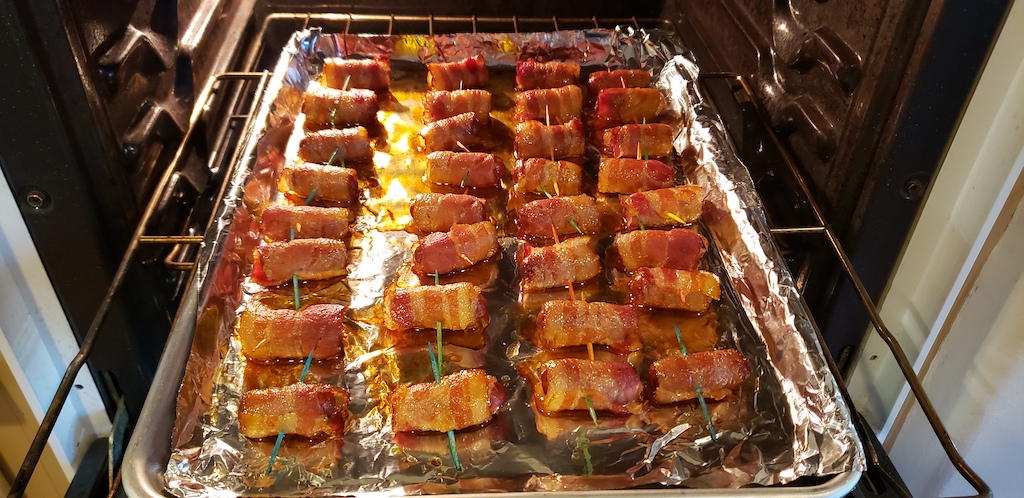 keto bacon-wrapped little smokies on sheet pan 