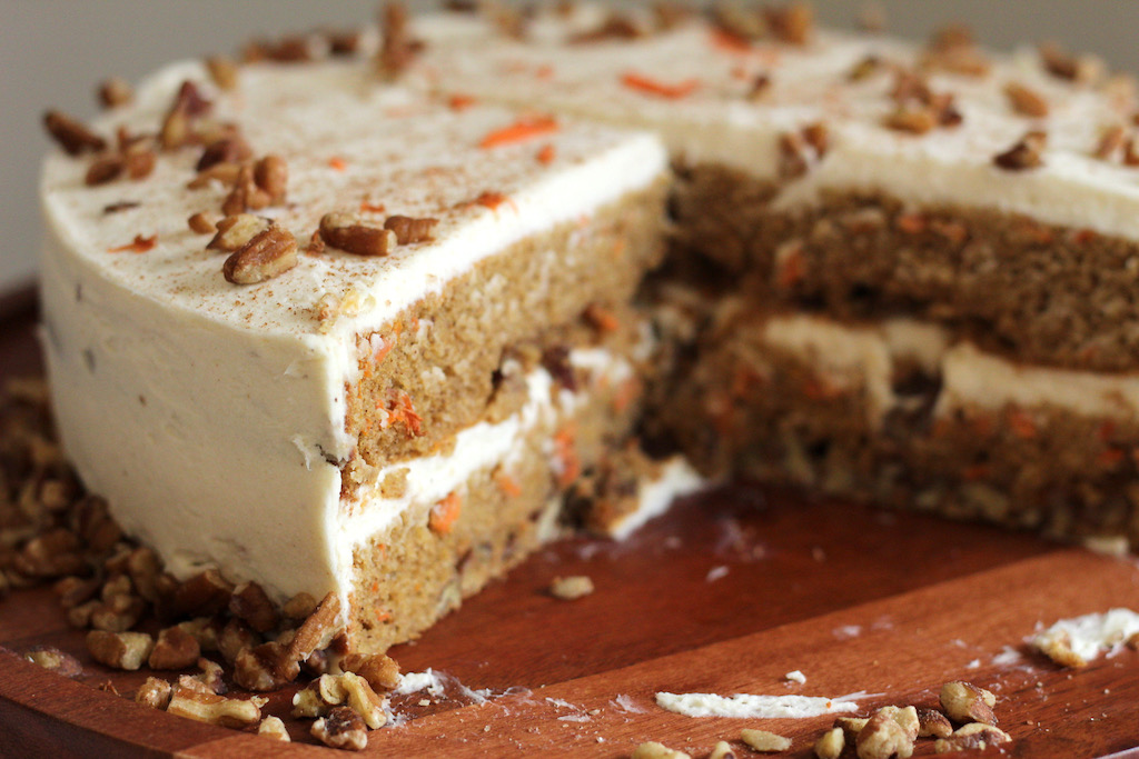 keto carrot cake with big slice out of it