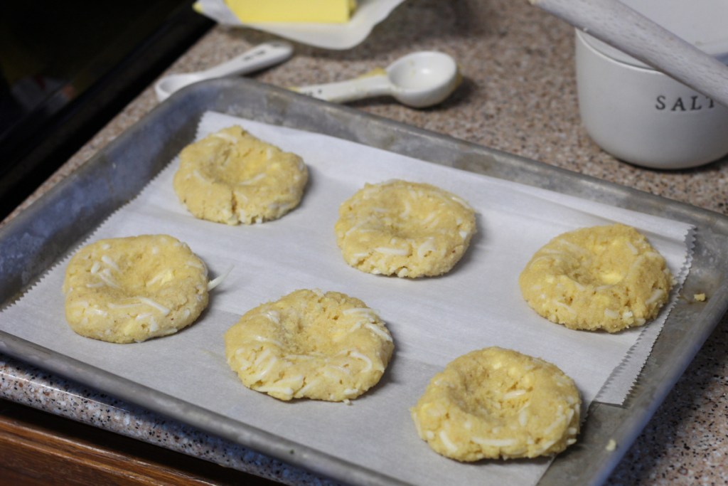 keto cherry thumbprint danish on baking sheet