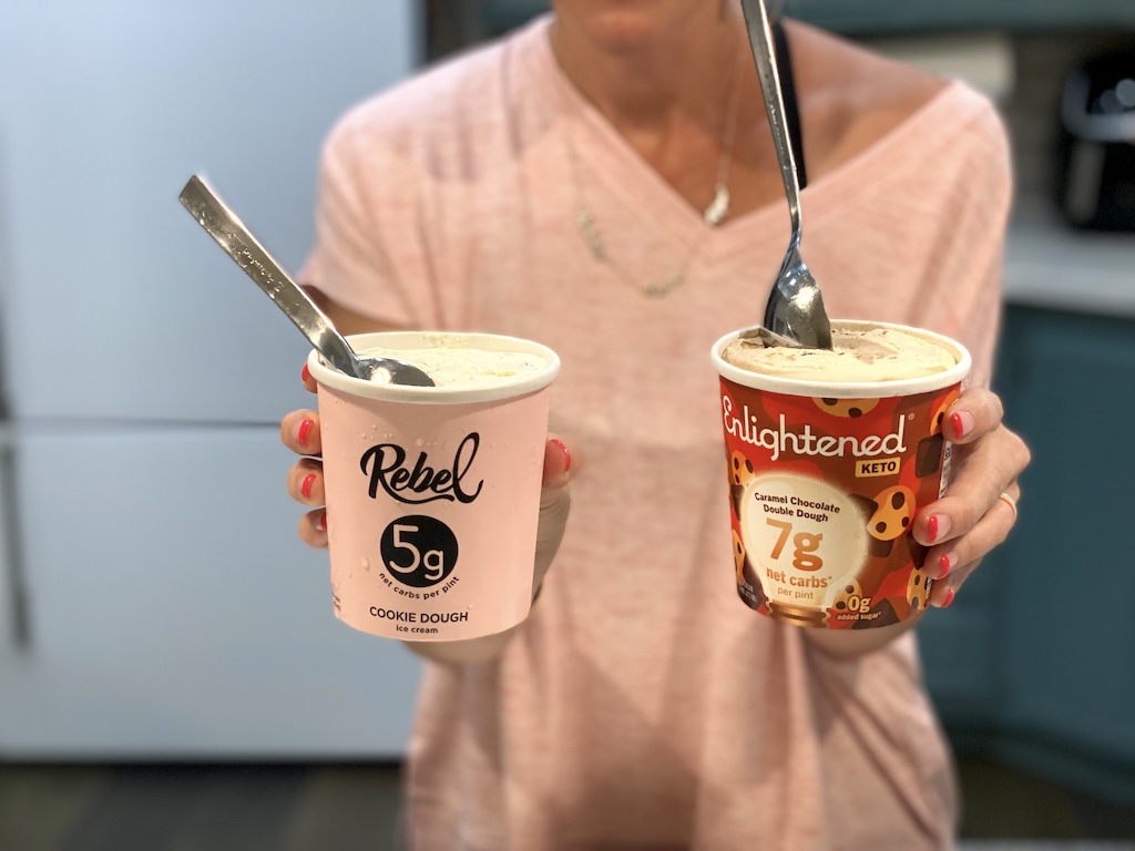 holding Rebel and Enlightened ice cream pints 