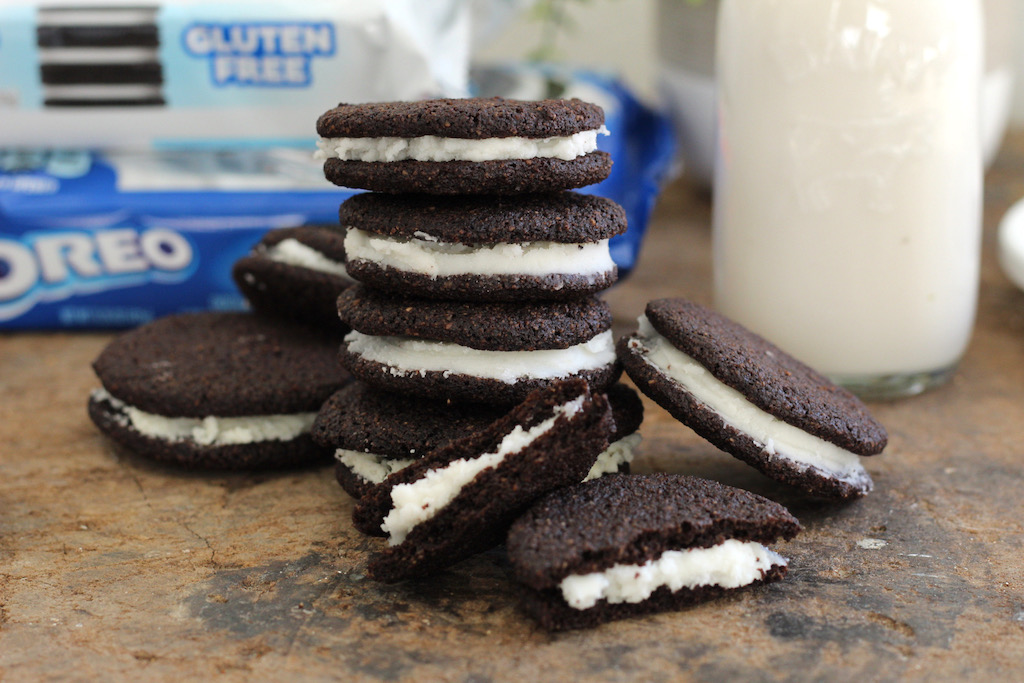 keto oreo cookies stacked on each other 