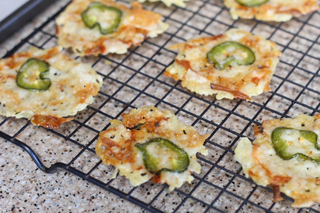 jalapeno cheese crisps on cooling rack