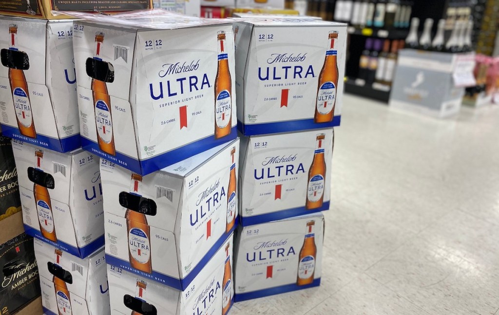 cases of michelob ultra beer stacked in store