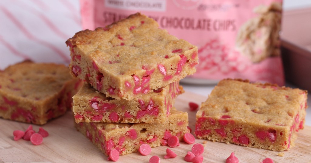 strawberry keto blondies on a cutting board