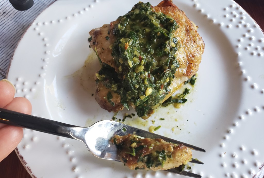 cilantro lime chicken on plate with fork