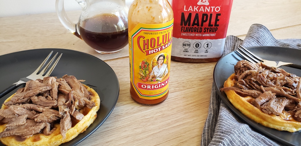 keto brisket chaffles with hot sauce and maple syrup